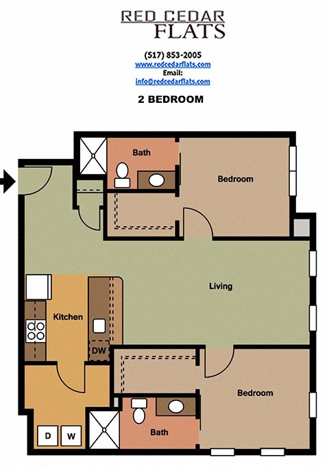 Floor plan for 2 beds, 2 baths, 979 sqft